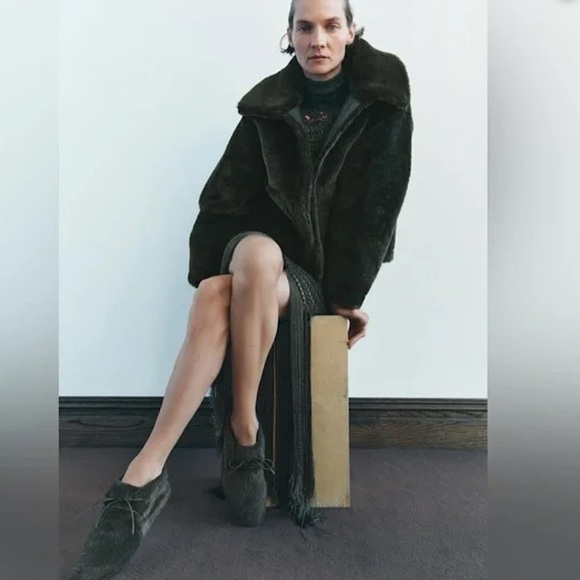 ZARA | NWOT FAUX FUR JACKET ZW COLLECTION DARK GREEN KHAKI TEDDY COAT | EXTRA SM - Picture 12 of 12